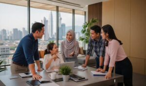 Team members collaborating during a business event
