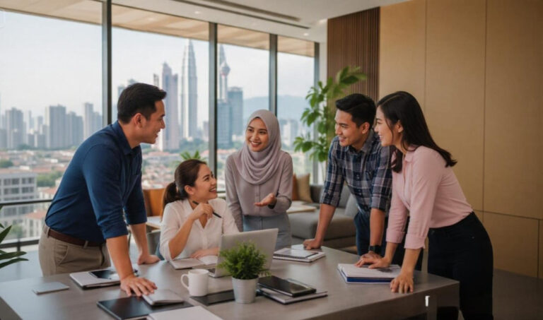 Team members collaborating during a business event