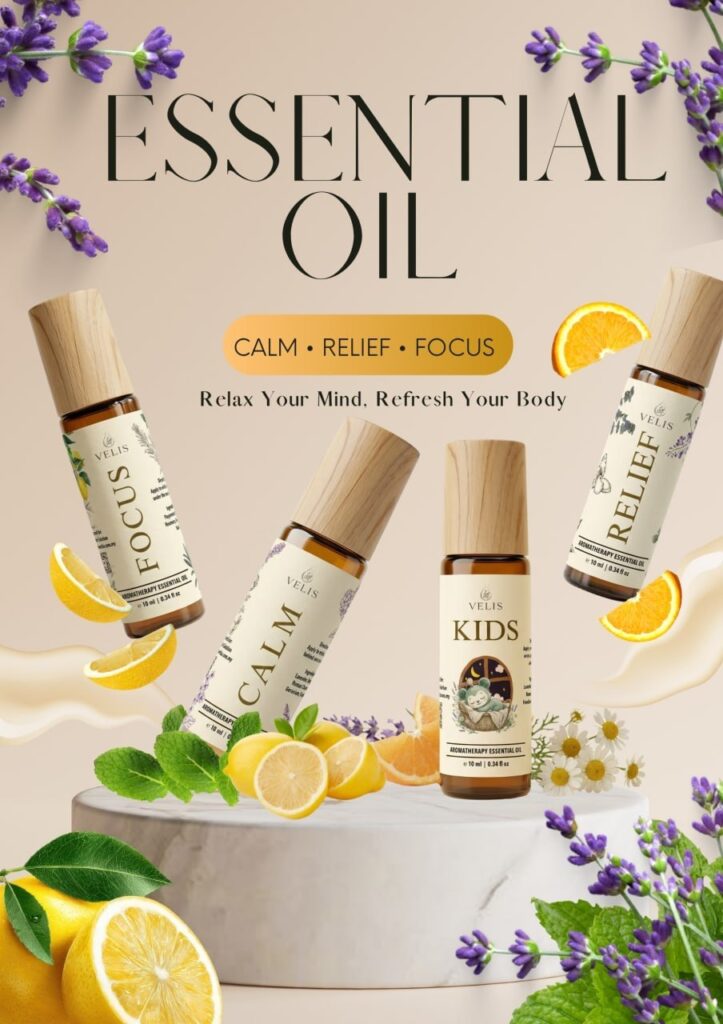 Vita Essentia Essential Oil collection featuring Calm, Relief, Focus and Kids blends