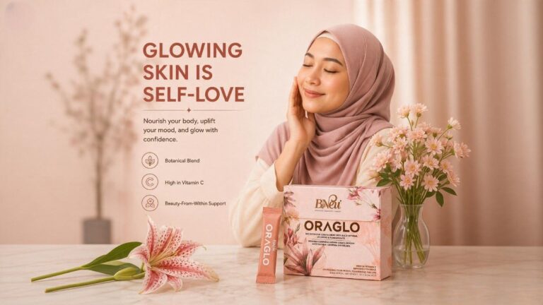 Oraglo beauty supplement with a woman and flowers promoting glowing skin and self love