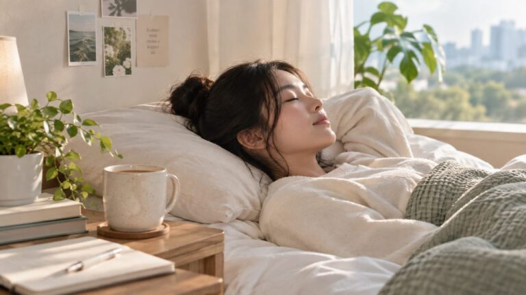 Woman resting peacefully by a window to relax her mind and reduce mental fatigue