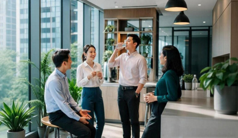 Team members discussing ideas in a modern office