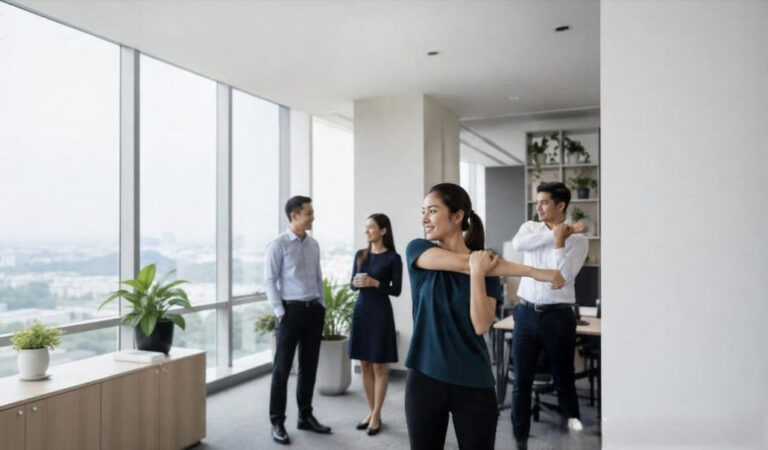 Employees participating in a corporate wellness activity in a modern workplace