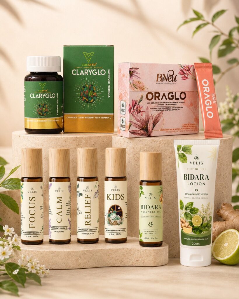 Vita Essentia wellness products including ClaryGlo, Oraglo, Velis essential oils and Bidara Lotion